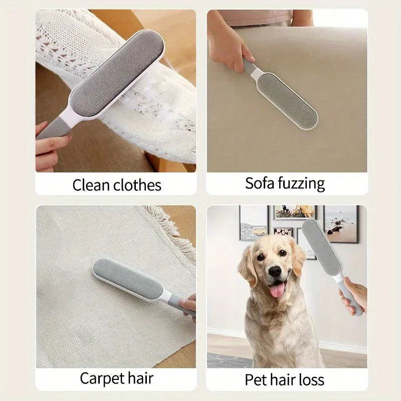 Gray pet hair remover lint brush shown for cleaning carpets, sofa, and clothes