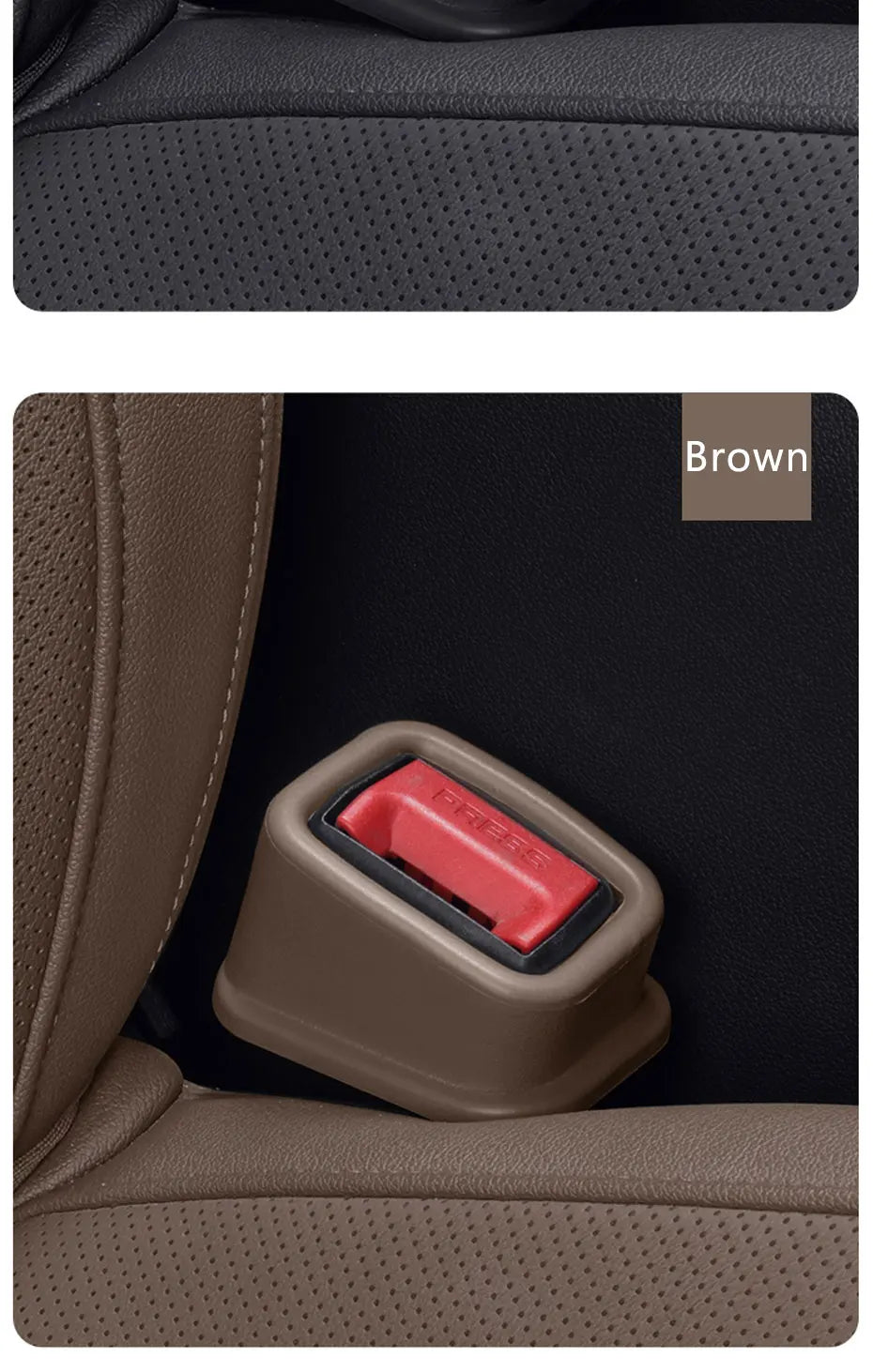Brown seat belt buckle protective cover on car seat, red insert window visible