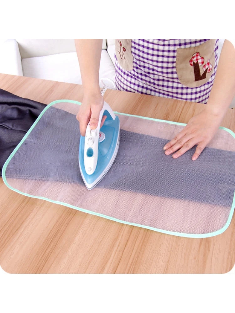 Protective ironing mat cover, gray mesh with light blue border for mini ironing