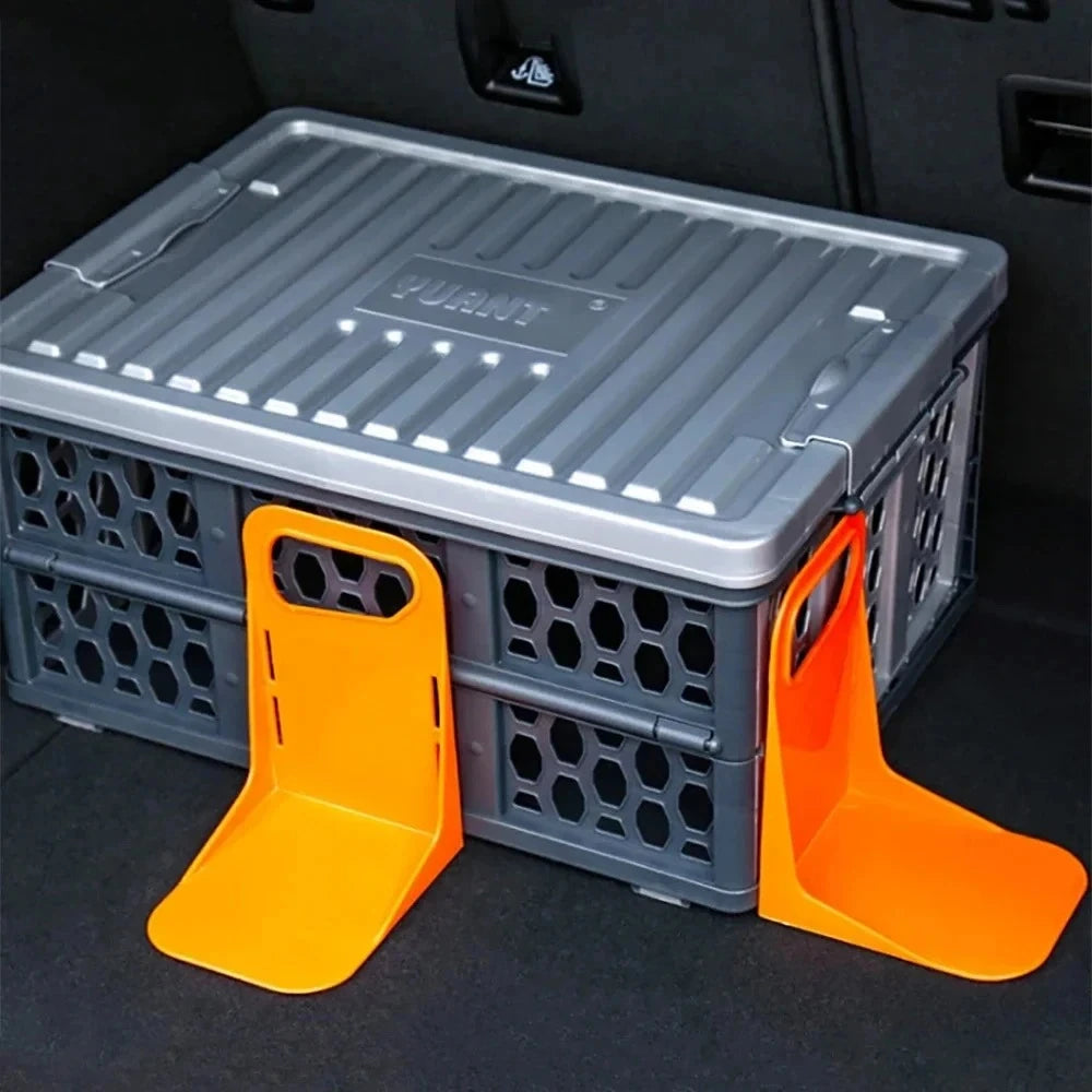 Car trunk organizer rack with orange and gray folding stands for storage