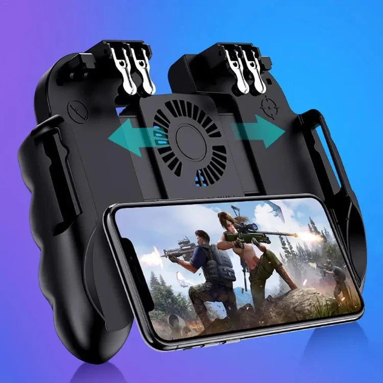 Black mobile game trigger controller with phone clamp and fan radiator for FPS aiming