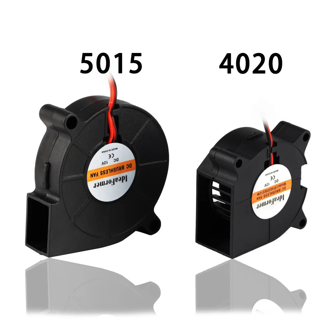 Two black blower cooling fan housings with red wire leads, 5015 and 4020