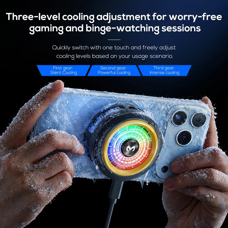 Black phone cooler with RGB fan ring attached to phone