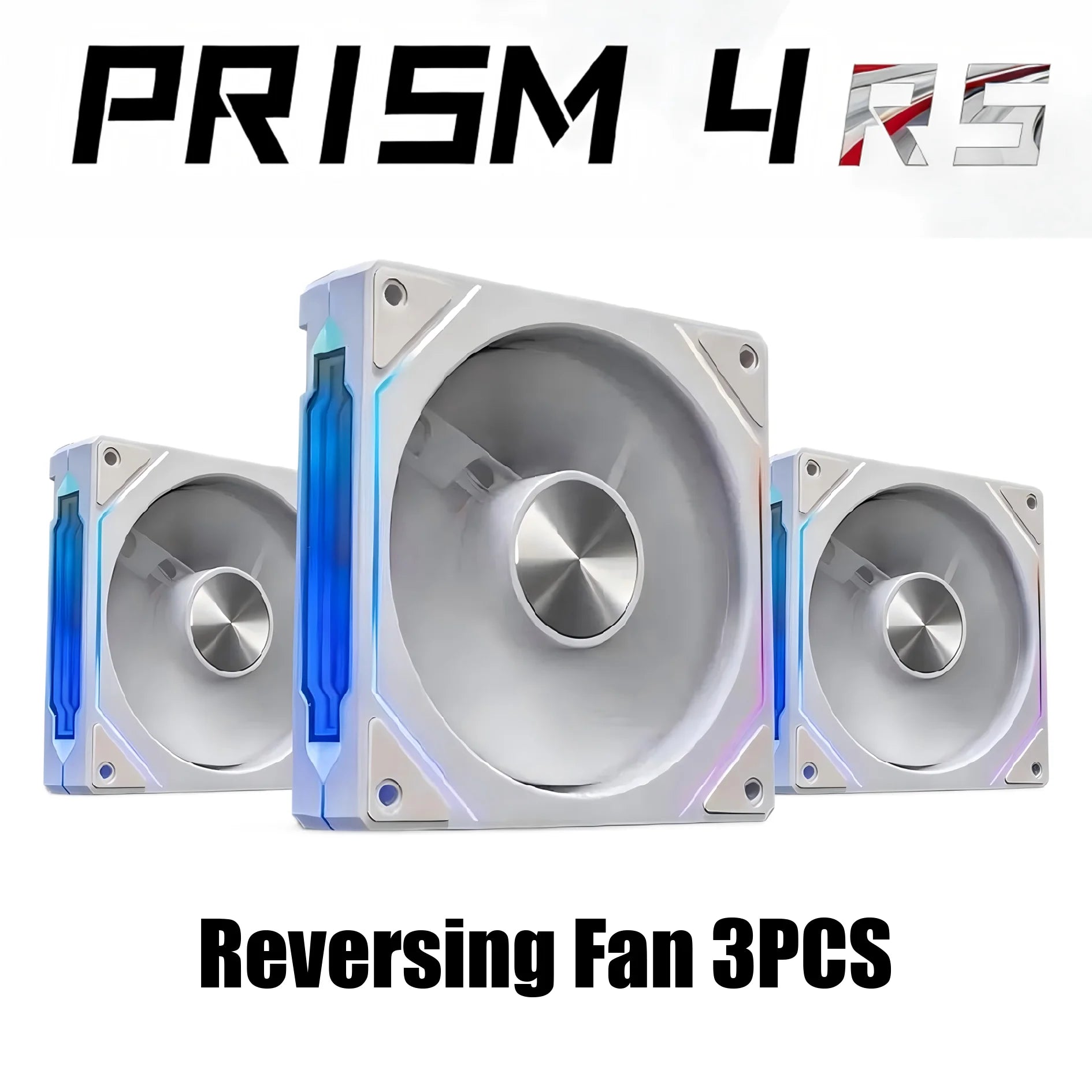 ARGB computer case fan set with white housing and blue LED accents, three-pack