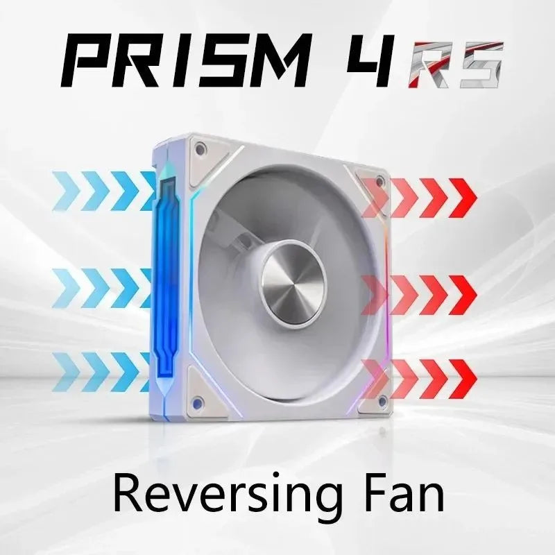 ARGB computer case fan with white housing and blue LED accents, reversing direction