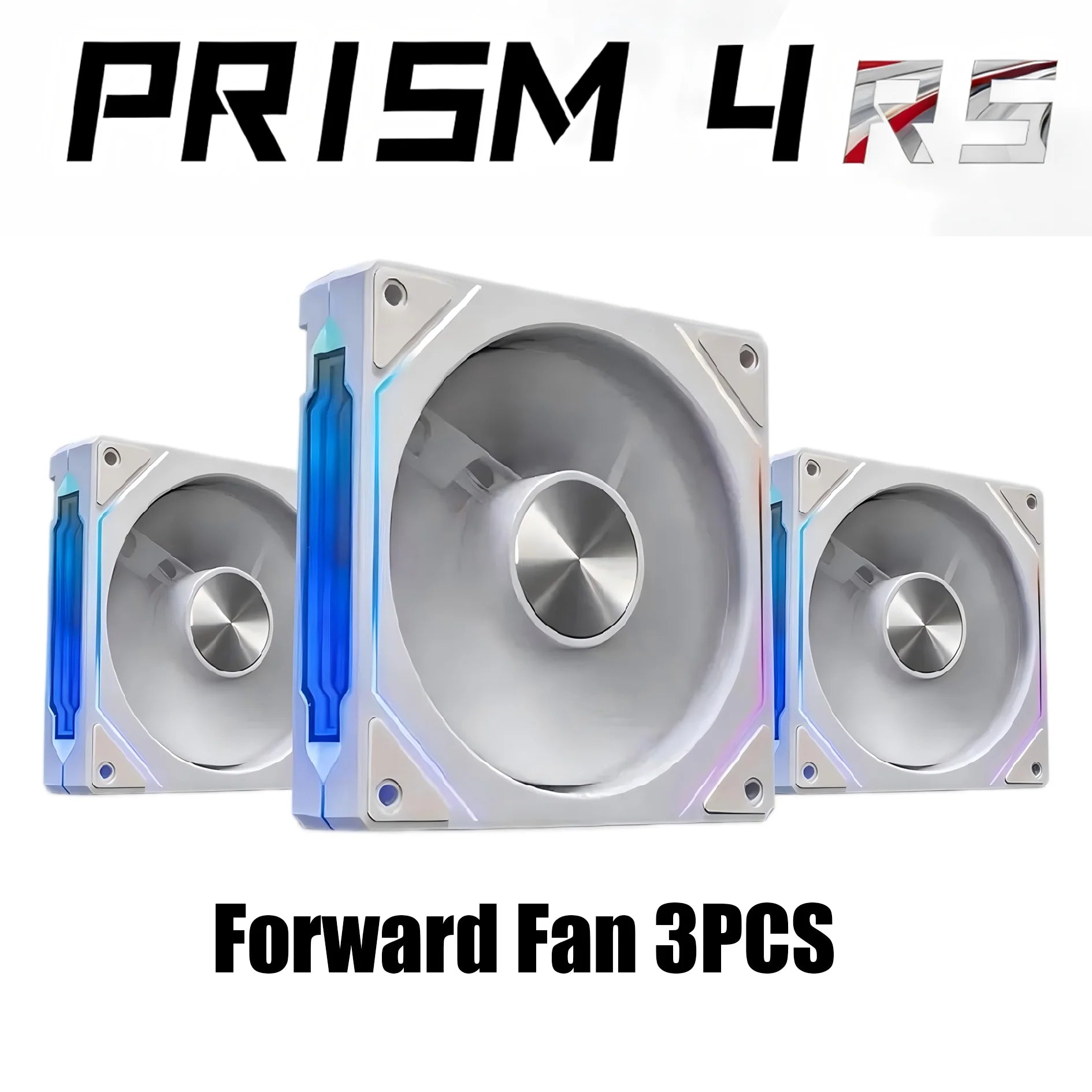 ARGB computer case fan set with white housing and blue LED accents, forward direction