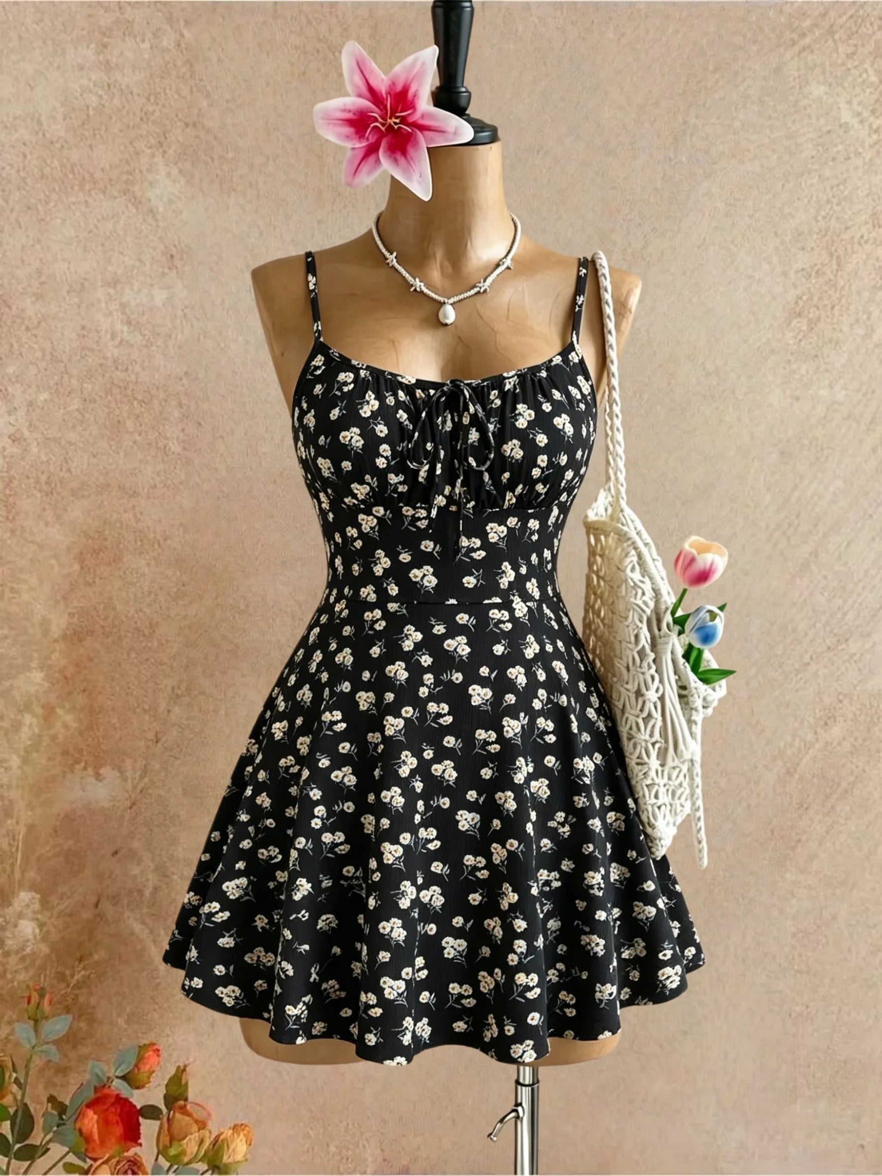 Black ditsy floral mini skater dress with thin spaghetti straps and tie front