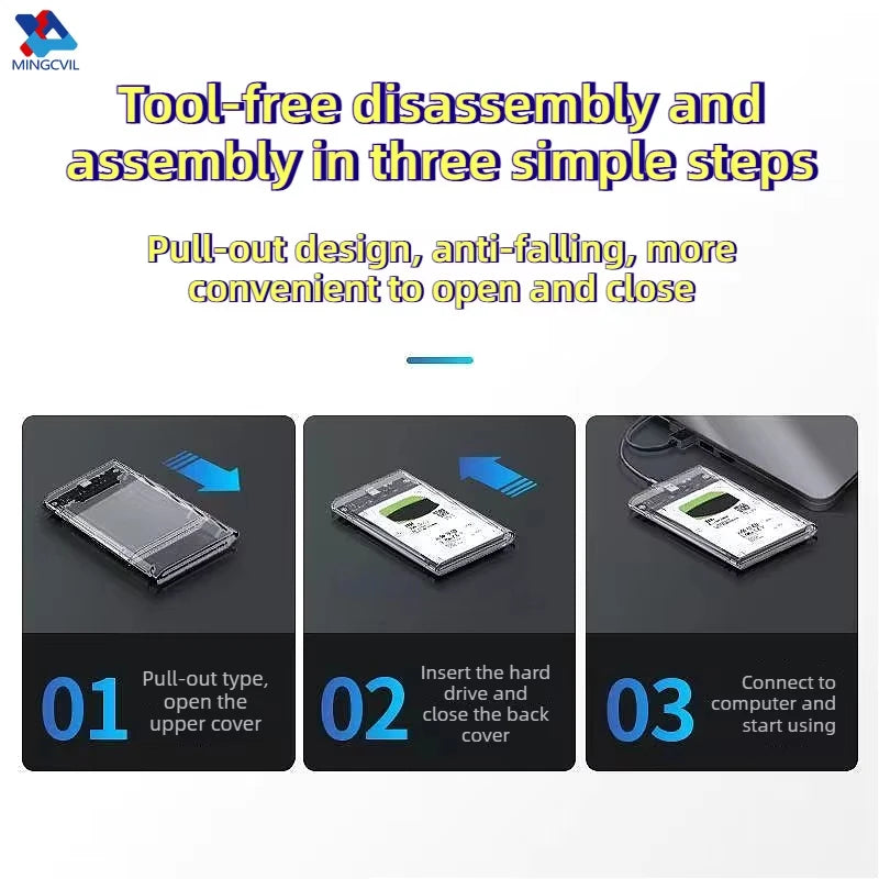 2.5-inch transparent HDD enclosure case with pull-out design for easy open/close