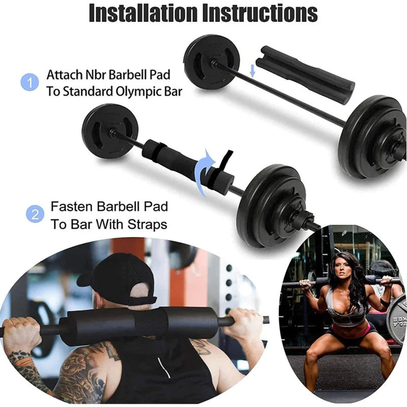 Barbell squat bar shoulder pad with foam protection and two strap grips, black
