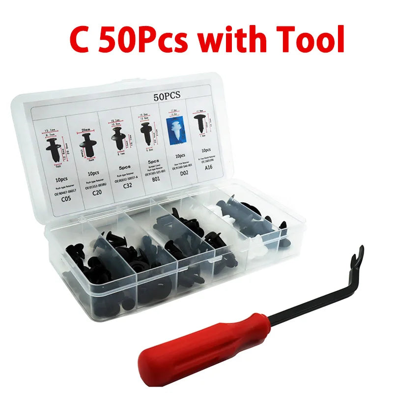 Auto push retainer clip kit 50PCS with tool, clear organizer and red pry bar