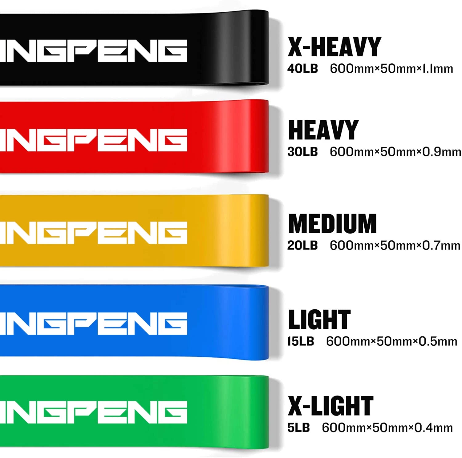 Resistance loop bands labeled by strength: black, red, yellow, blue, green