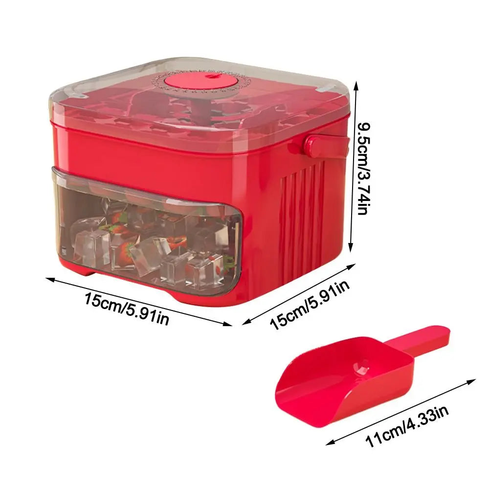Red ice cube machine with clear bin window, press lid, and red scoop tool.