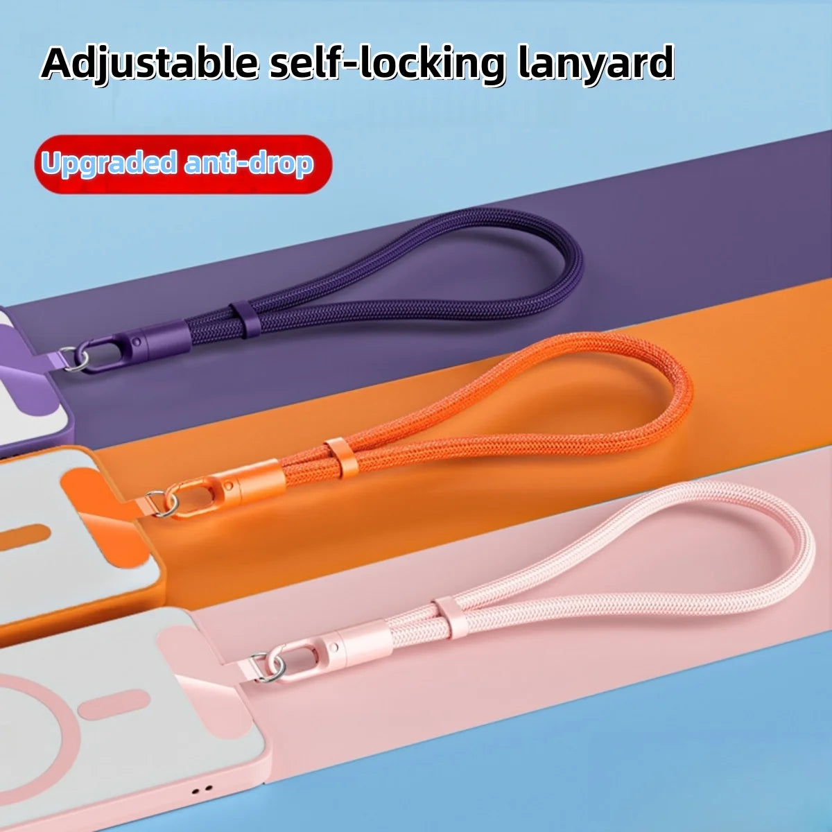 Adjustable mobile phone lanyard with anti-drop clip, shown in purple, orange, and pink.