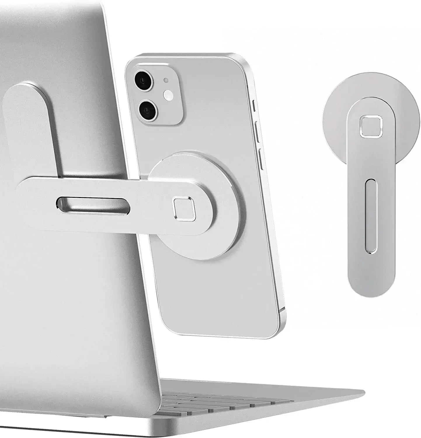 Magnetic phone holder mount with foldable arm and circular base, light gray