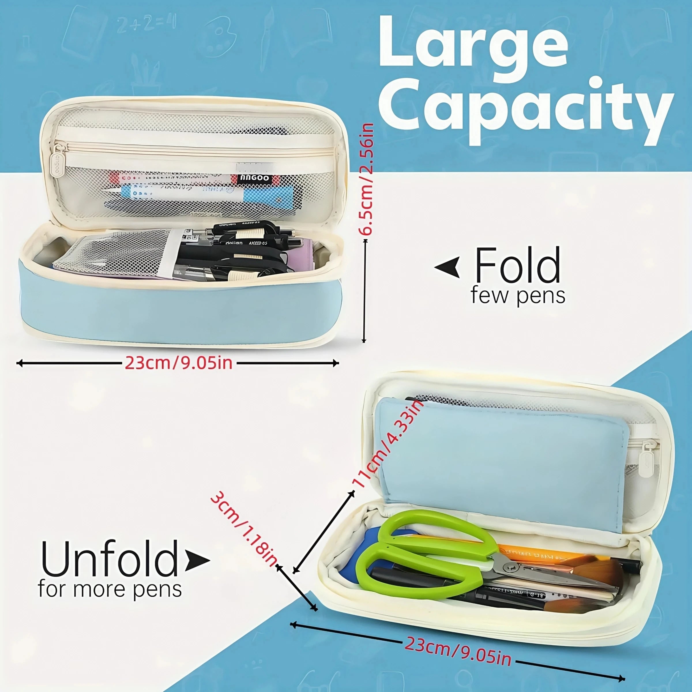 Cream and sky blue pencil case unfolded design with mesh pocket and zip closure