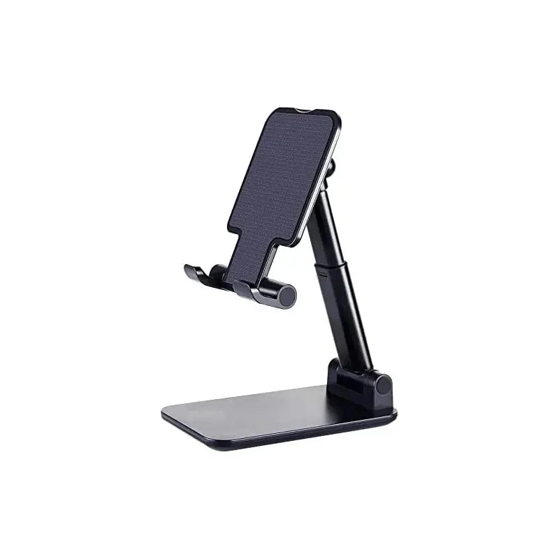 Adjustable desktop phone stand in dark color with cradle and stable base