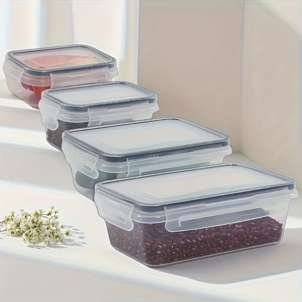Stack of clear plastic airtight containers with locking lids for dry food and fridge storage.