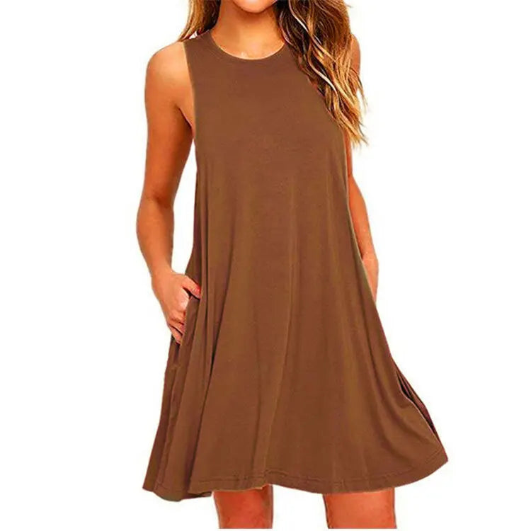 Brown women's sleeveless swing T-shirt dress with side pockets