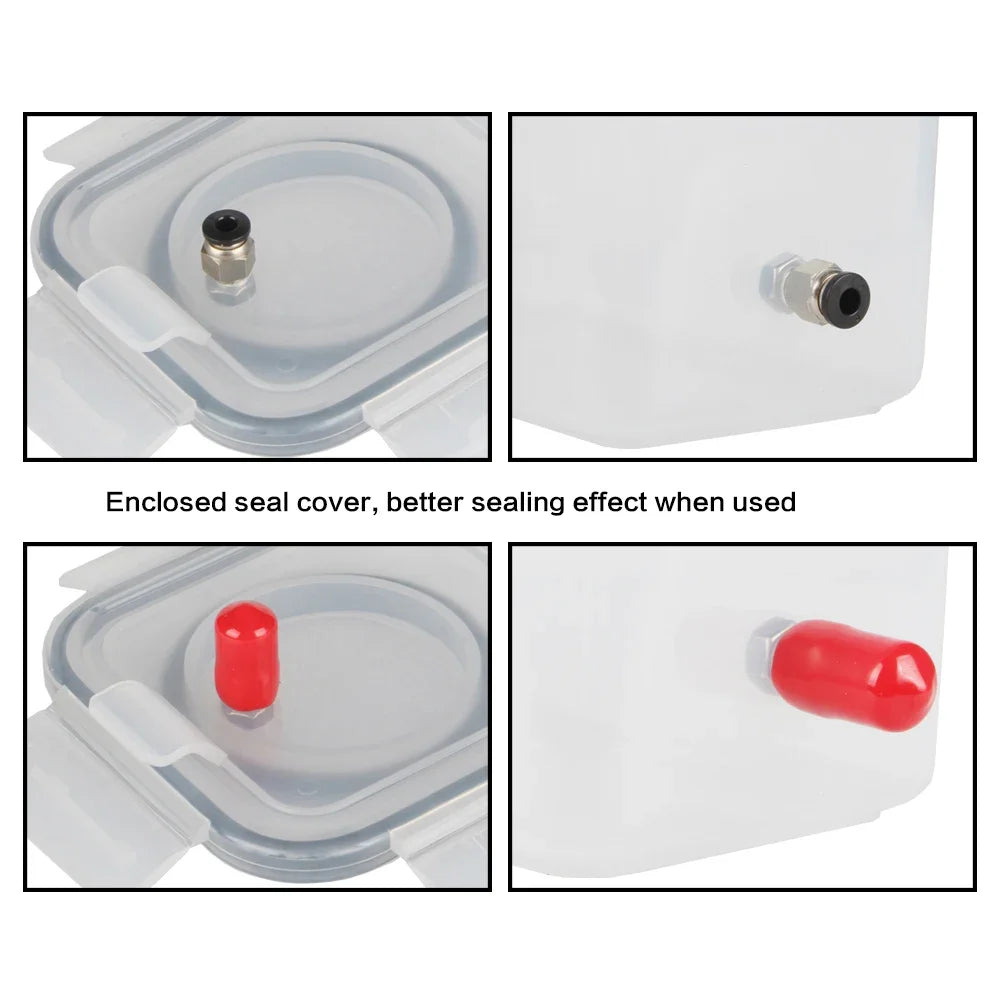 Clear dryer box seal cover with pneumatic fitting opening and red cap inserts