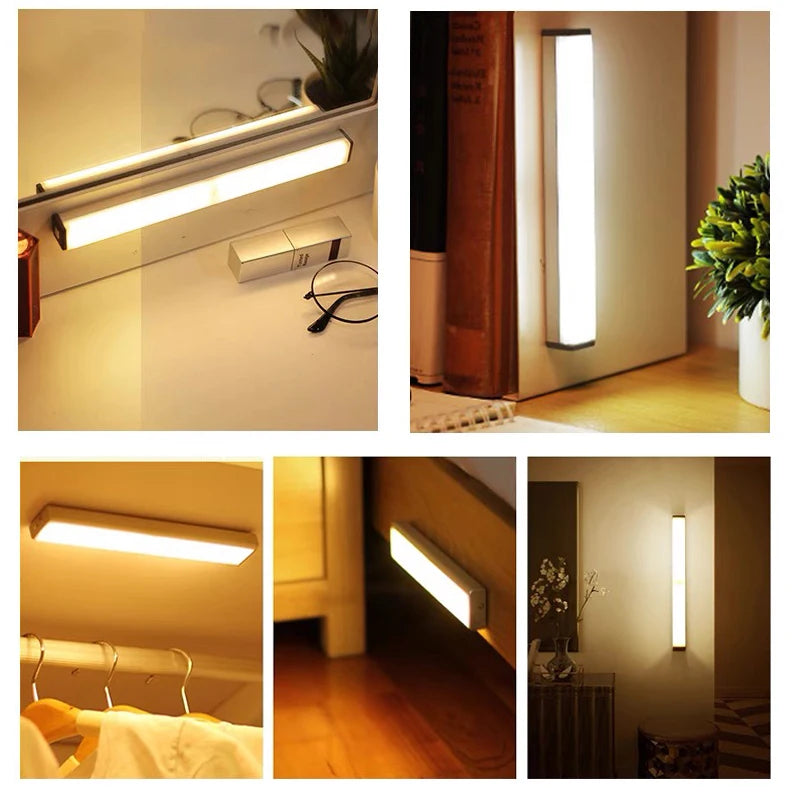 Motion-sensing LED night light bar mounted on wall and ceiling with light strip
