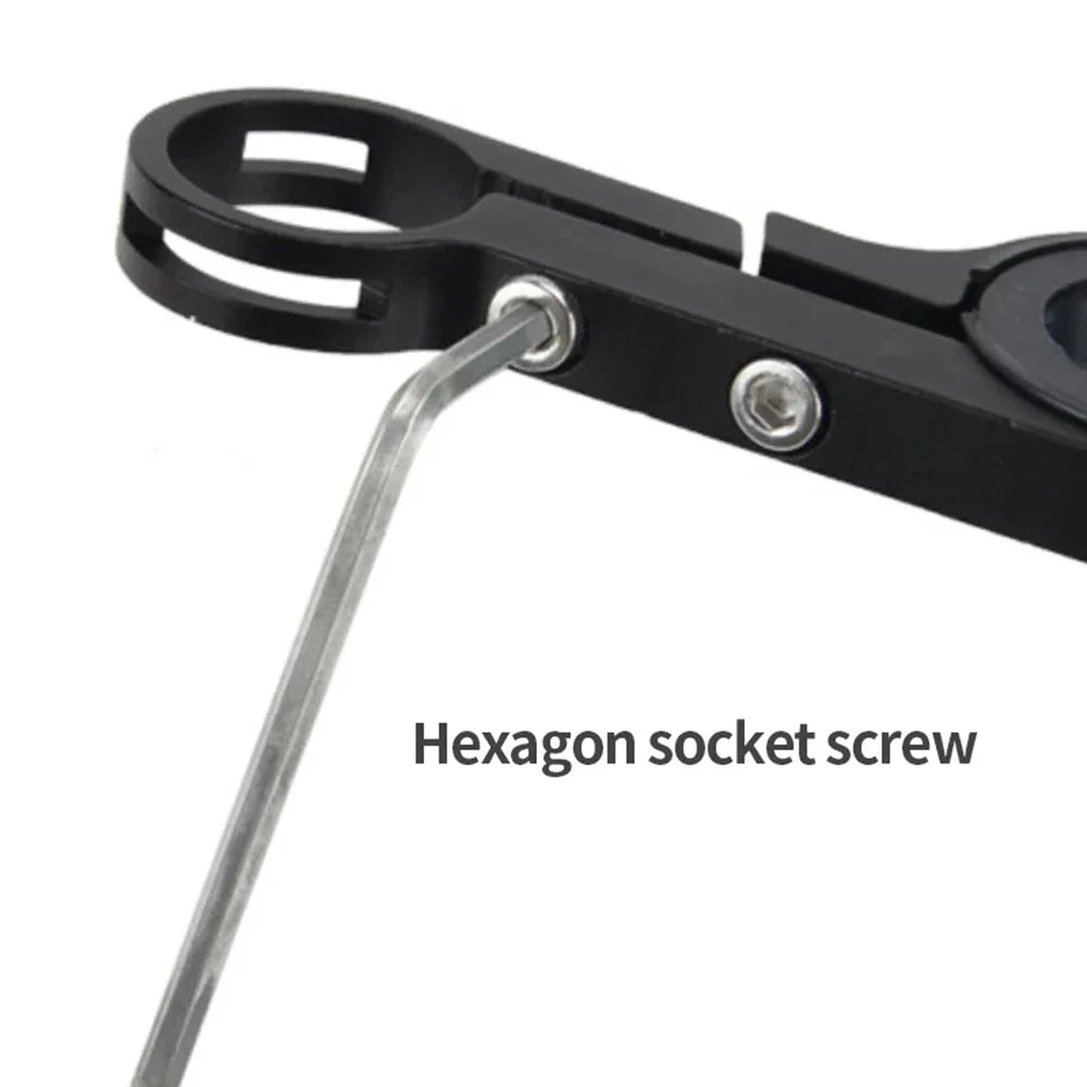 Black bike handlebar extender bracket with hex socket screw and Allen key
