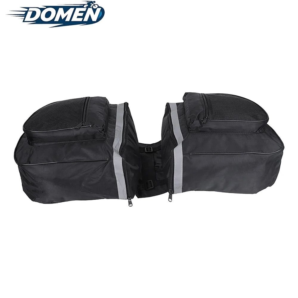 Black bicycle rear seat double pannier bag shown from the side, with reflective bands