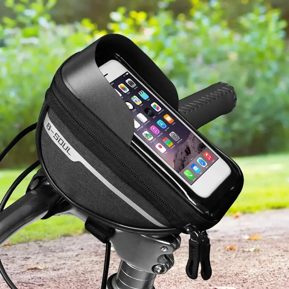 Black bike handlebar phone bag with clear touch-screen window and front zipper