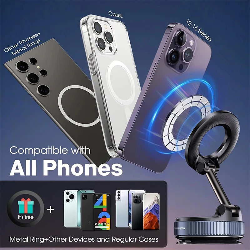 Magnetic phone holder with circular ring and suction base for dashboard mounting