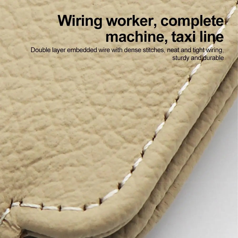 Close-up of beige car sunglasses clip holder seam stitching and embedded wire edging