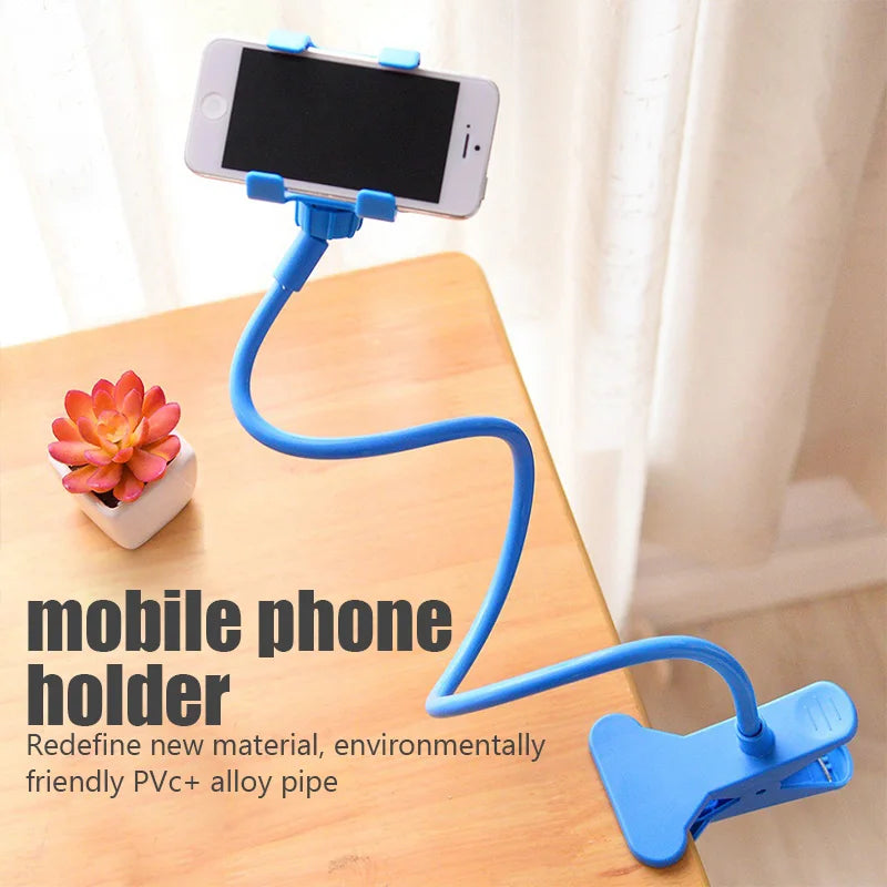 Blue flexible phone holder stand with adjustable clip and coiled support arm