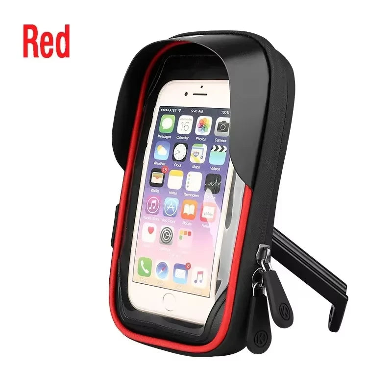 Red waterproof phone mount case with clear screen window and bike clamp