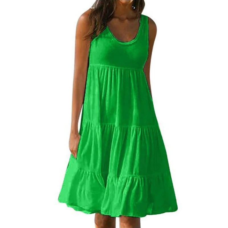 Green sleeveless mini dress with tiered ruffle skirt and scoop neckline