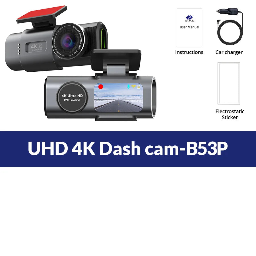 Dual dash cam set with car charger, user manual, and accessory cables