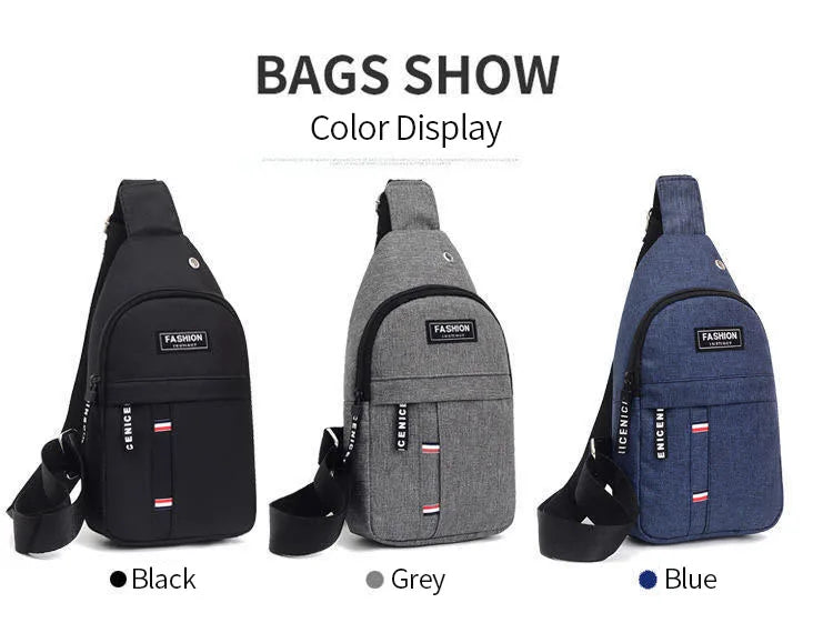 Crossbody sling bag color display: black, gray, and blue with logo patch