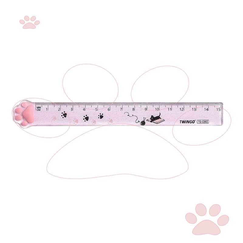 Cat paw plastic straight ruler, pink-gray, with paw tips and measurement scale