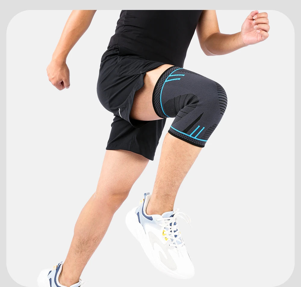 Black compression knee sleeve with blue stripes on a sports pose leg