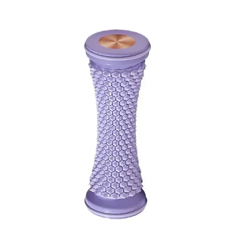 Purple foot massage roller with textured honeycomb tread and circular ends