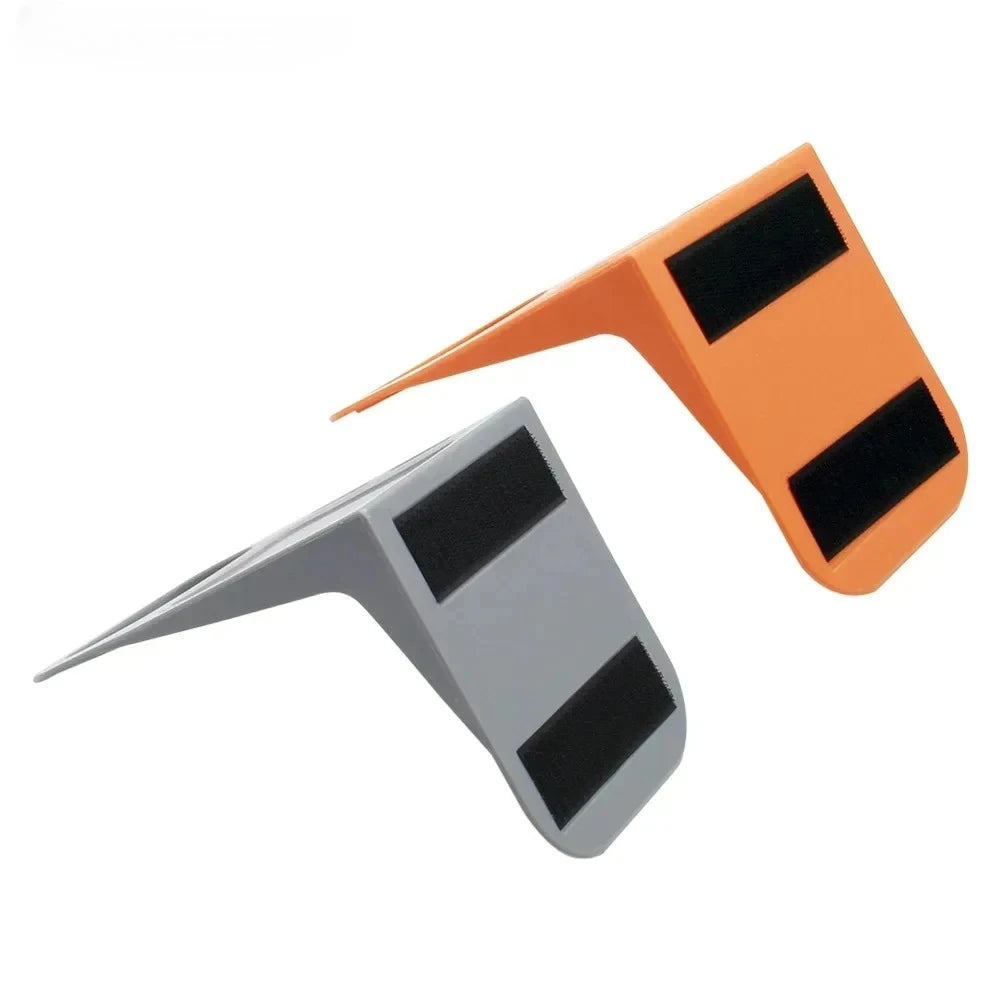 Two car trunk organizer stands: gray and orange with anti-slip straps and base