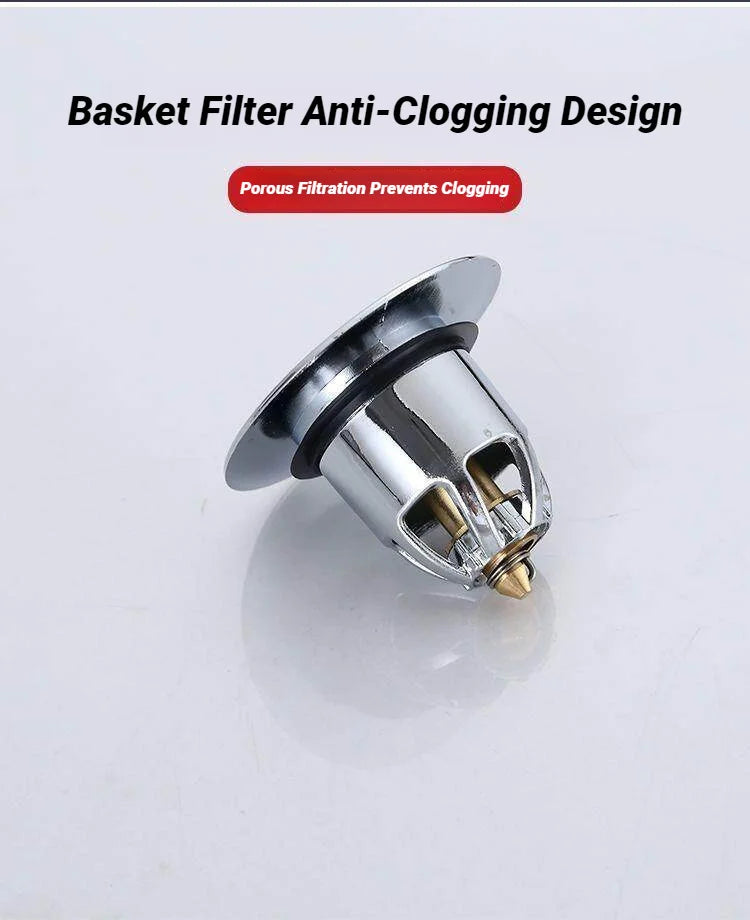 Chrome pop-up drain stopper with built-in anti-clog basket hair filter