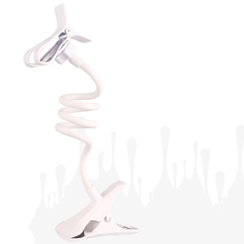 White flexible phone holder with clip clamp base and spring arm