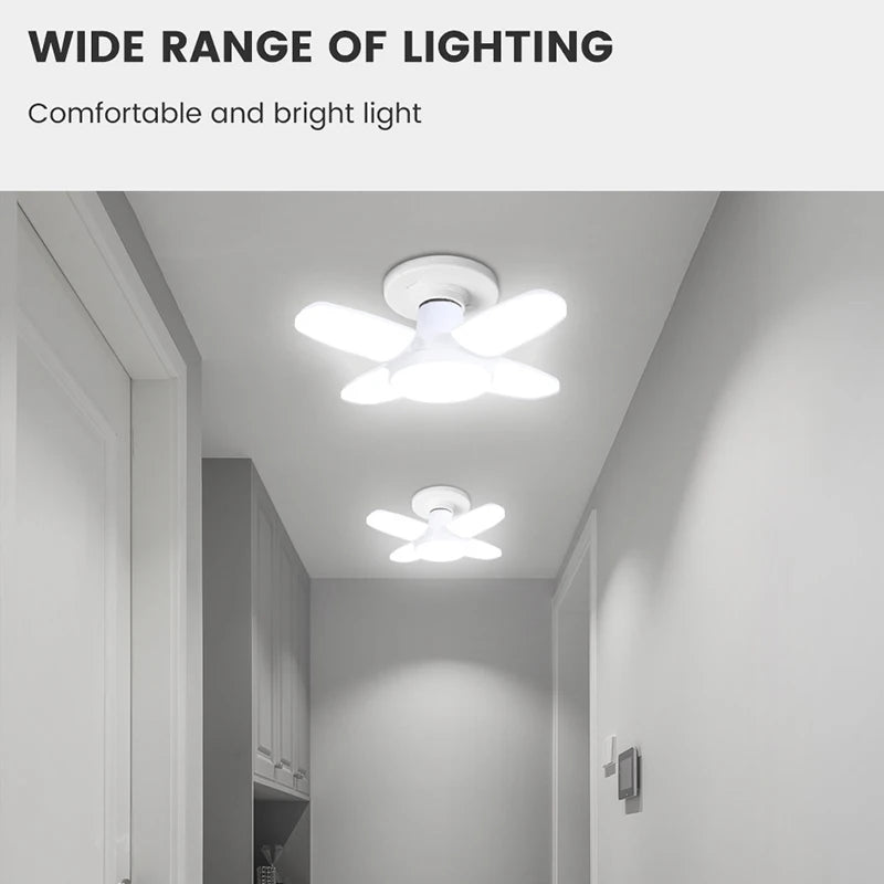 Folding LED ceiling light with four fan blades, bright white illumination