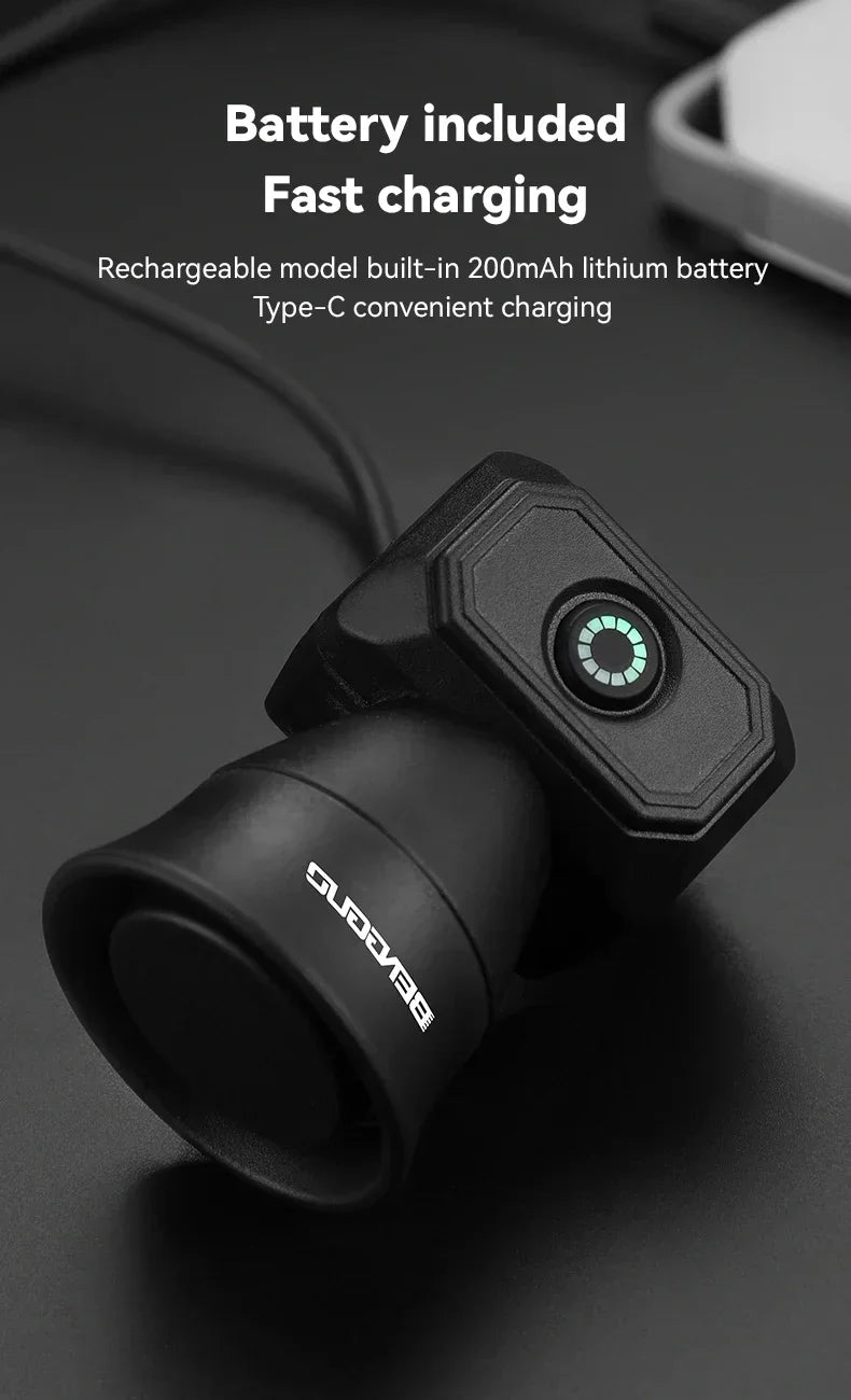 Black rechargeable bike horn bell with Type-C charging port and compact design