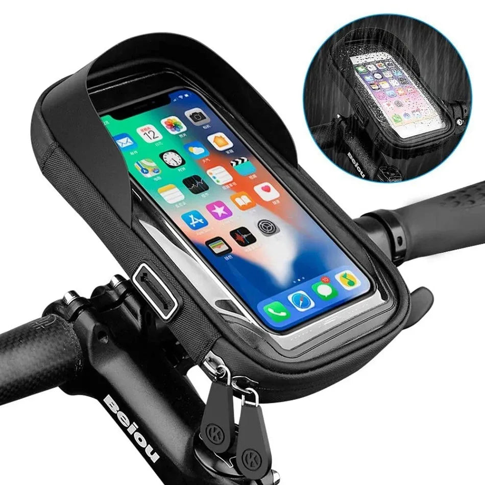 Black waterproof bicycle handlebar phone touch-screen bag with clear window
