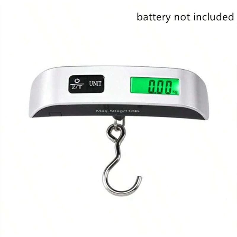 Portable digital luggage scale with hanging hook and green LCD screen