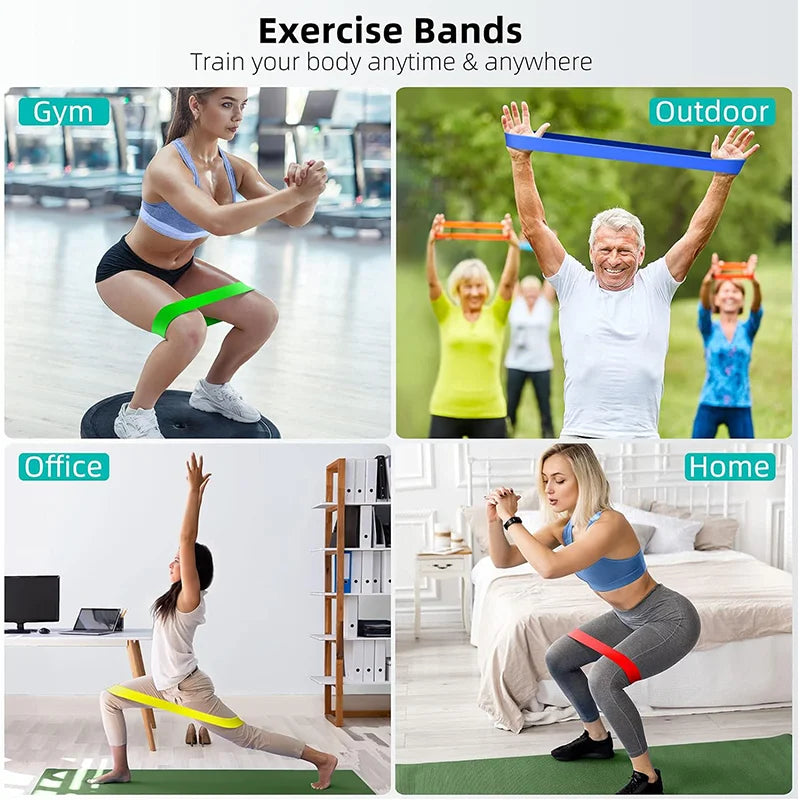 Blue resistance loop band held overhead during full-body exercise