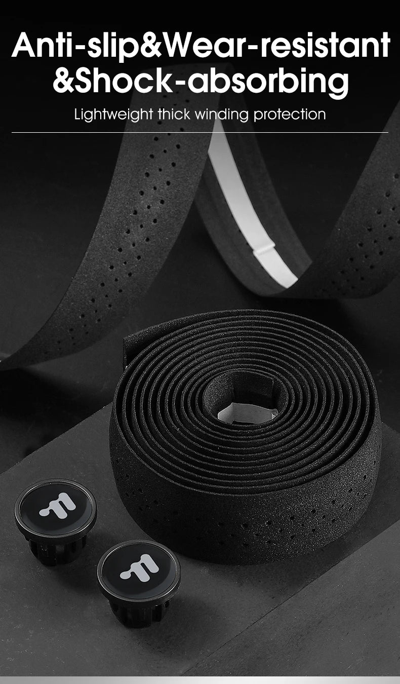 Black EVA bike bar tape with textured perforations and spiral roll detail