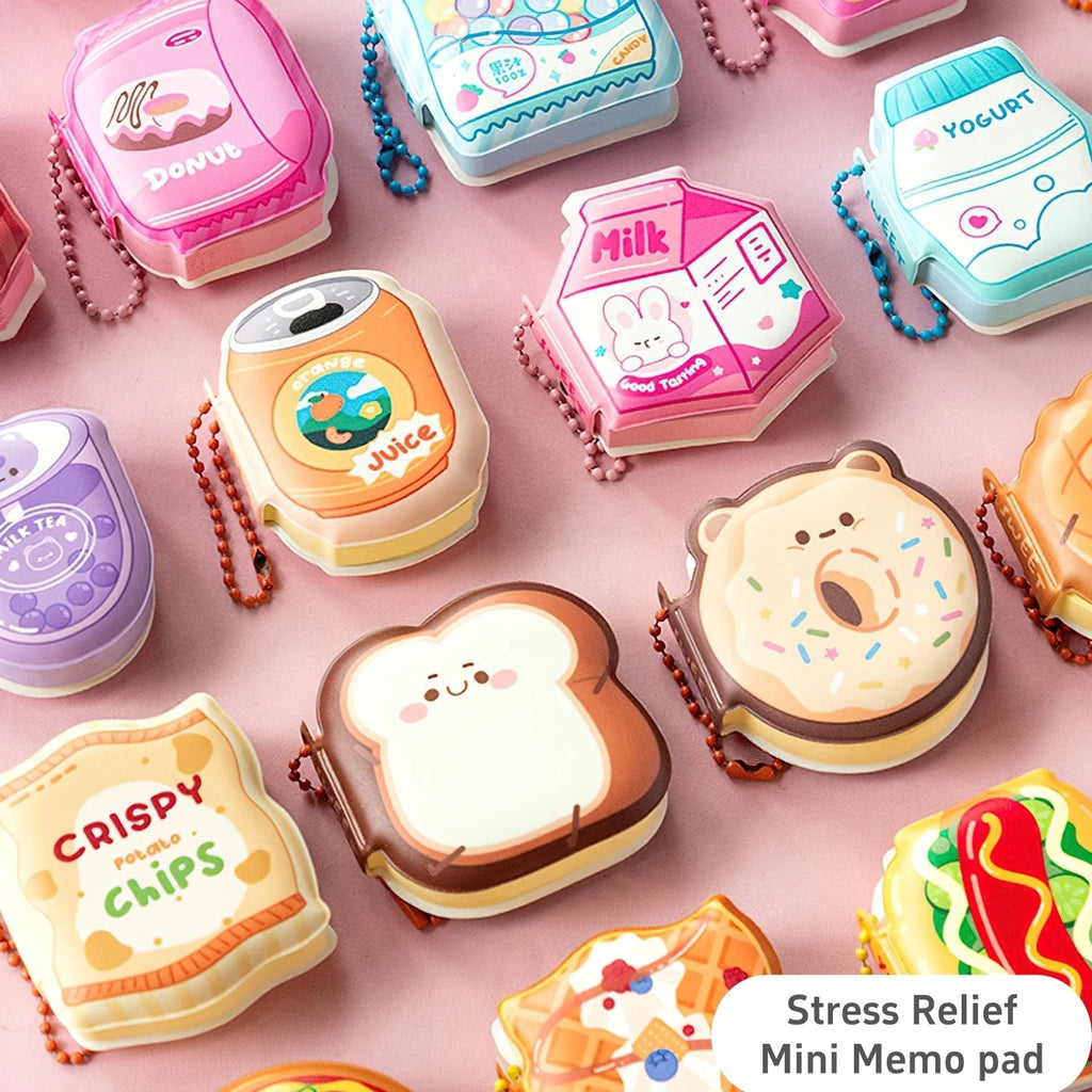 Mini dessert-themed memo pads with bead necklaces, including donut and drink faces