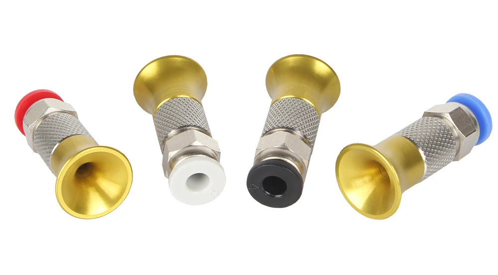 PTFE tube pneumatic fittings, brass body with hex nuts and outlet caps in mixed colors