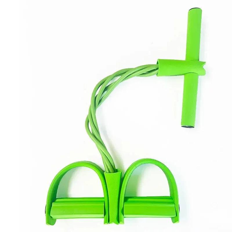 Green four-tube pedal tensioner with two foot pedals and elastic strap handle