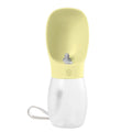 Yellow and white pet water bottle with integrated spout and carrying strap